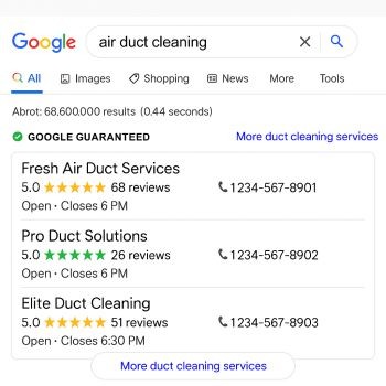 Google search results for air duct cleaning showing local duct cleaning service listings and phone numbers