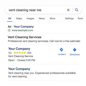 Google search results for "vent cleaning near me" showing local vent cleaning service ads and listings