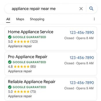 Mobile search results for appliance repair near me showing local repair business listings and phone numbers