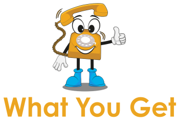 Cartoon telephone mascot giving a thumbs up above the words What You Get